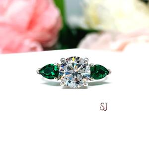 Round CZ Lab Emerald 3 Stone Engagement Ring - Pear Side Stones - Sterling Silver