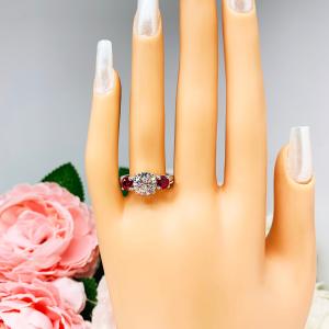 Round CZ Lab Ruby 3 Stone Engagement Ring