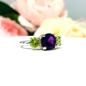Natural African Amethyst Arizona Peridot 3 Stone Ring - Natural 8mm and 5mm round gemstones - Sterling silver setting