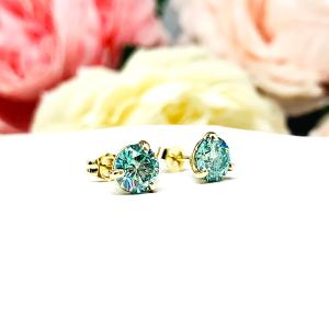 Blue Moissanite Martini 14k Gold Stud Earrings - Authentic moissanite - Solid gold settings