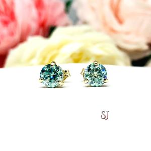 Blue Moissanite Martini 14k Gold Stud Earrings - Authentic moissanite - Solid gold settings