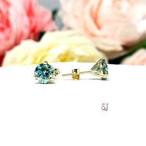 Blue Moissanite Martini 14k Gold Stud Earrings - Authentic moissanite - Solid gold settings