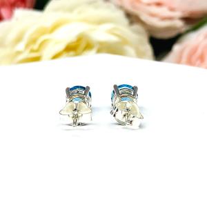 Round Swiss Blue Topaz Stud Earrings - 6mm genuine gemstones - Sterling silver basket settings - December birthstone gift