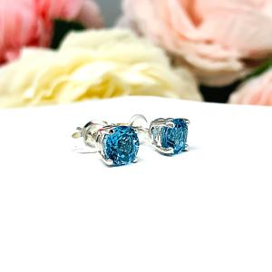 Round Swiss Blue Topaz Stud Earrings - 6mm genuine gemstones - Sterling silver basket settings - December birthstone gift