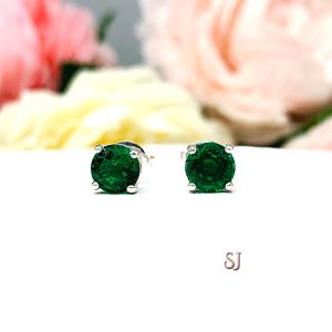 Round Lab Emerald May Birthstone Stud Earrings