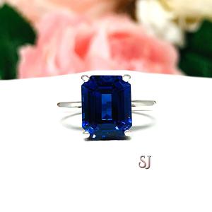Lab Blue Sapphire 10x8mm Emerald Cut Ring