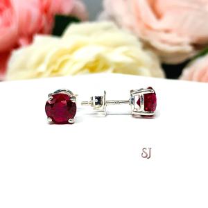 Round Lab Ruby July Birthstone Basket Stud Earrings