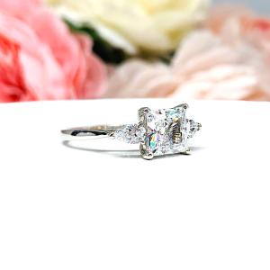 Princess & Pear-Cut CZ 3-Stone Engagement Ring • 7mm, Sterling Silver, Size 8