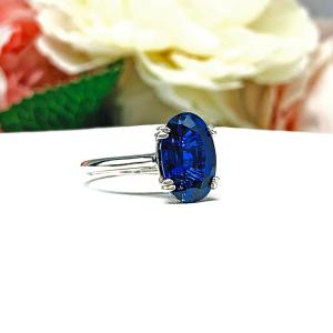 Lab Blue Sapphire Oval Engagement Ring 12x8mm 4.5 Carats Cathedral Split Prong Setting
