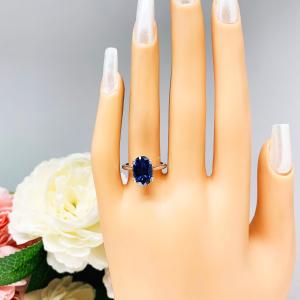 Lab Blue Sapphire Oval Engagement Ring 12x8mm 4.5 Carats Cathedral Split Prong Setting