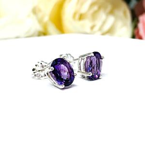 AAA Amethyst Oval Stud Earrings – Sterling silver settings – Three size options – February birthstone gift