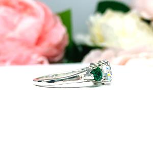Round CZ Lab Emerald 3 Stone Engagement Ring - Pear Side Stones - Sterling Silver