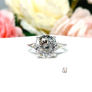 Round Portuguese Cut CZ Sterling Silver Engagement Ring Near Colorless 10mm Cubic Zirconia Split Shank
