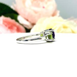 Natural African Amethyst Arizona Peridot 3 Stone Ring - Natural 8mm and 5mm round gemstones - Sterling silver setting