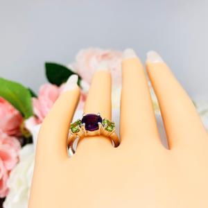 Natural African Amethyst Arizona Peridot 3 Stone Ring - Natural 8mm and 5mm round gemstones - Sterling silver setting