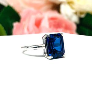 Lab Blue Sapphire 10x8mm Emerald Cut Ring