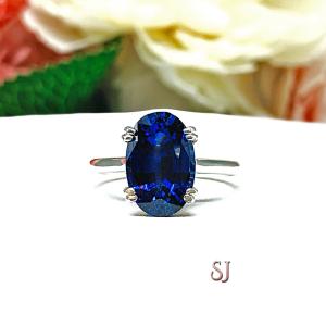 Lab Blue Sapphire Oval Engagement Ring 12x8mm 4.5 Carats Cathedral Split Prong Setting
