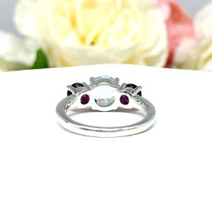 Genuine Aquamarine Garnet Round Three Stone Ring