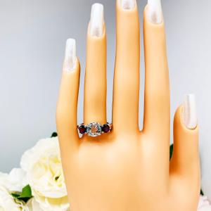 Genuine Aquamarine Garnet Round Three Stone Ring