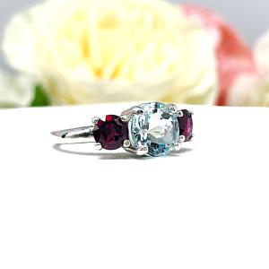 Genuine Aquamarine Garnet Round Three Stone Ring