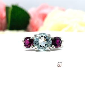 Genuine Aquamarine Garnet Round Three Stone Ring