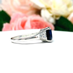 Lab Blue Sapphire Cushion Cut CZ Trillions Ring