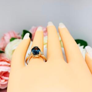 London Blue Topaz Pear Moissanite Ring - Sterling silver setting- Round moissanite side stones