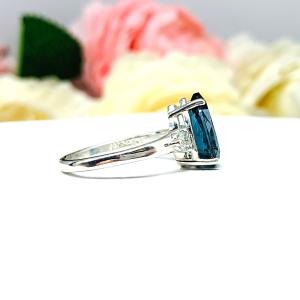 London Blue Topaz Pear Moissanite Ring - Sterling silver setting- Round moissanite side stones