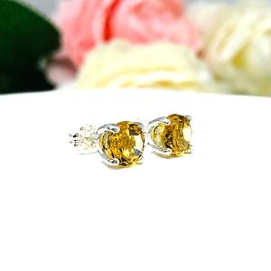 Round Golden Citrine Stud Earrings - 7mm natural gemstones - Sterling silver settings