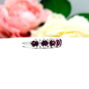 Garnet Five Stone Ring Natural 3mm Round Sterling Silver Wine Color