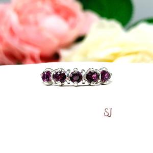 Garnet Five Stone Ring Natural 3mm Round Sterling Silver Wine Color