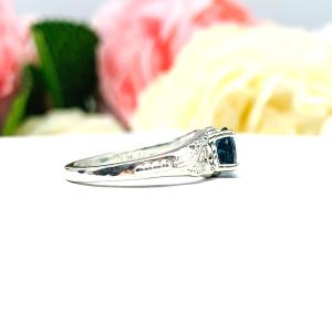 Genuine London Blue Topaz Sterling Silver Ring - 6mm round gemstone - Antique ornamental leaf design setting