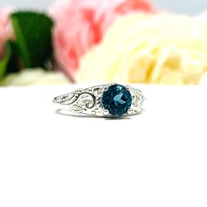 Genuine London Blue Topaz Sterling Silver Ring - 6mm round gemstone - Antique ornamental leaf design setting