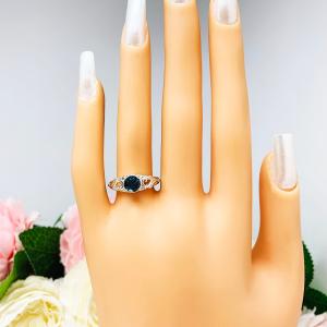 Genuine London Blue Topaz Sterling Silver Ring - 6mm round gemstone - Antique ornamental leaf design setting