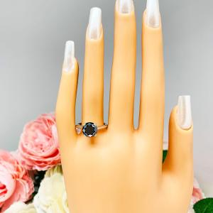 Black Moissanite Round Engagement Ring - 8mm (2 Cts) authentic moissanite - Sterling silver setting
