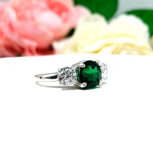 Round Lab Created Emerald 3 Stone Engagement Ring - CZ Side Stones - Sterling Silver