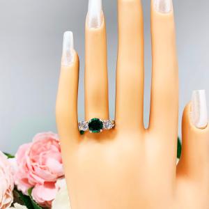 Round Lab Created Emerald 3 Stone Engagement Ring - CZ Side Stones - Sterling Silver