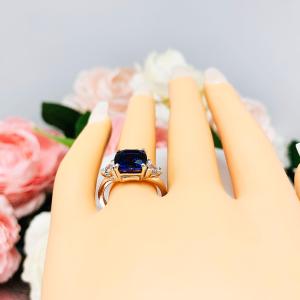 Lab Blue Sapphire Cushion Cut CZ Trillions Ring