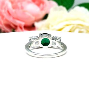 Round Lab Created Emerald 3 Stone Engagement Ring - CZ Side Stones - Sterling Silver