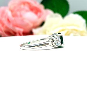 Round Lab Created Emerald 3 Stone Engagement Ring - CZ Side Stones - Sterling Silver
