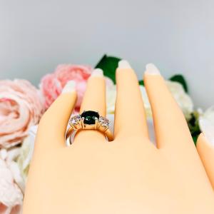 Round Lab Created Emerald 3 Stone Engagement Ring - CZ Side Stones - Sterling Silver