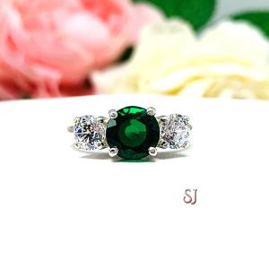 Round Lab Created Emerald 3 Stone Engagement Ring - CZ Side Stones - Sterling Silver