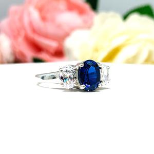 Lab Blue Sapphire CZ Oval Three Stone Ring