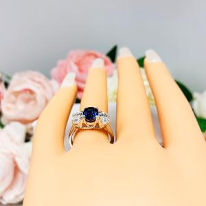 Lab Blue Sapphire CZ Oval Three Stone Ring