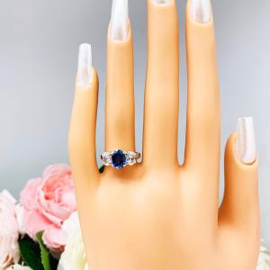 Lab Blue Sapphire CZ Oval Three Stone Ring
