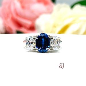 Lab Blue Sapphire CZ Oval Three Stone Ring