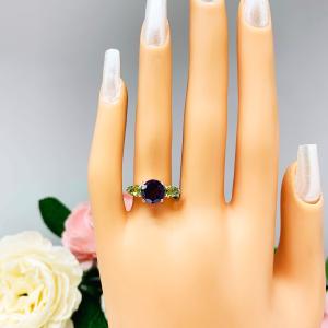Natural African Amethyst Peridot 3 Stone Ring - Sterling silver setting - Round 8mm amethyst - Pear peridot side stones