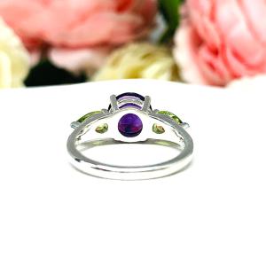 Natural African Amethyst Peridot 3 Stone Ring - Sterling silver setting - Round 8mm amethyst - Pear peridot side stones