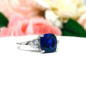 Lab Blue Sapphire Cushion Cut CZ Trillions Ring