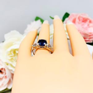 Round Lab Blue Sapphire Pear CZ 3 Stone Sterling Silver Ring